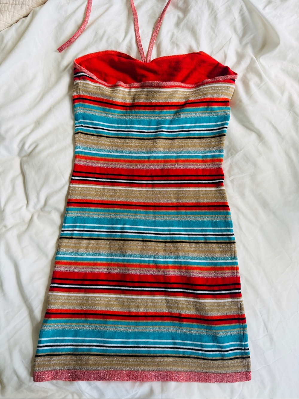 Guess Strapless Striped Bodycon Dress in Red, Teal, Tan, Black - Picture 3 of 5